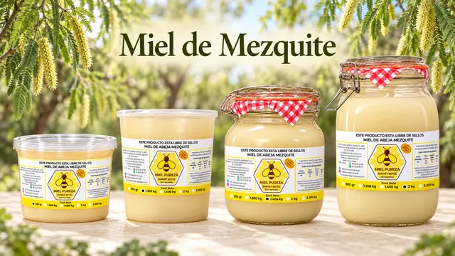 Presentaciones de Miel de Mezquite: Clásica Small 650 g, Clásica 1.3 kg, Premium Medium 1.4 kg y Premium Max 2 kg