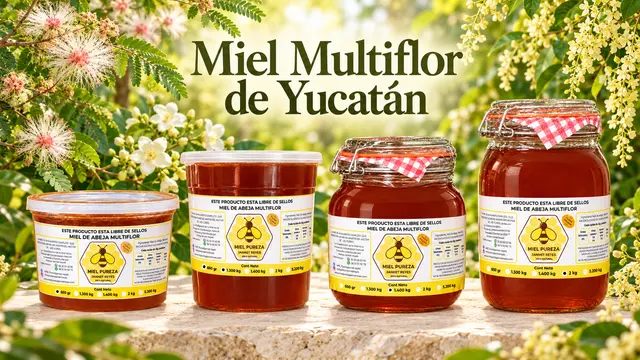 Presentaciones de Miel Multiflor de Yucatán: Clásica Small 650 g, Clásica 1.3 kg, Premium Medium 1.4 kg y Premium Max 2 kg