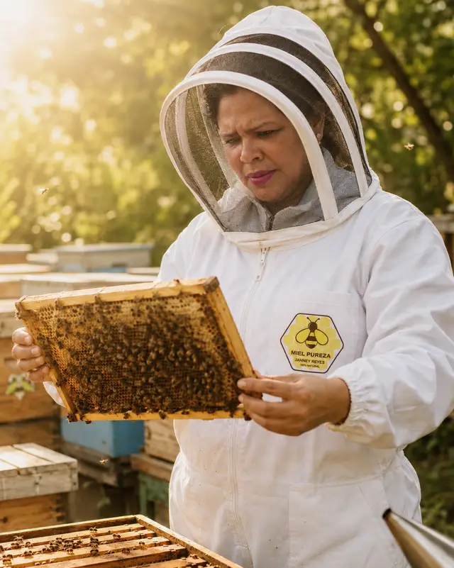 Jannet Reyes, fundadora de Miel Pureza, revisando un bastidor de panal en el apiario