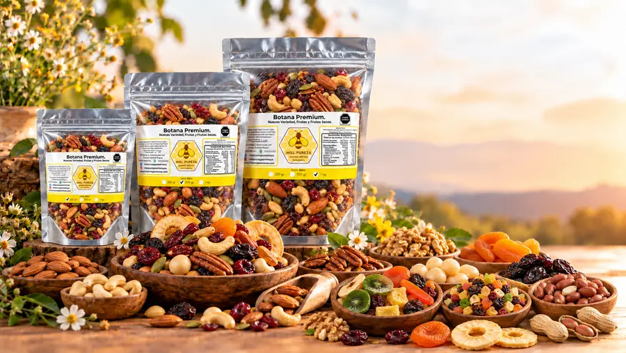 Botana Premium de Miel Pureza en bolsas de 250 g, 500 g y 1 kg, rodeada de almendras, nuez pecana, nuez de la India, macadamia, cacahuate y frutos deshidratados