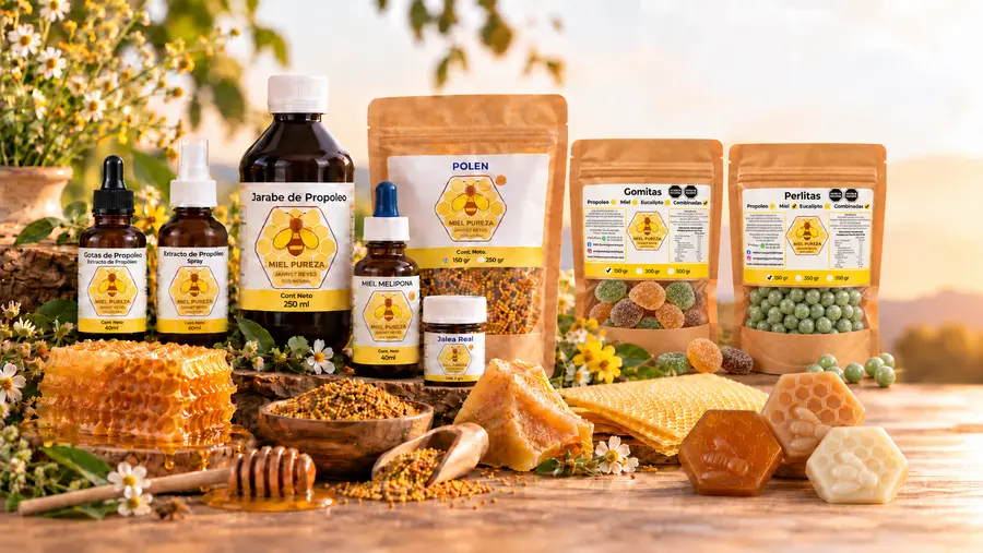 Productos de la colmena de Miel Pureza: gotas, spray y jarabe de propóleo, miel melipona, polen, jalea real, gomitas, perlitas, panal, cera y jabones de miel sobre una mesa de madera al atardecer