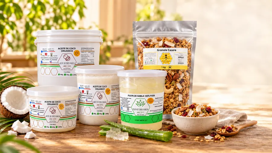 Aceite de coco en tres tamaños, pulpa de sábila de 1 litro y Granola Premium de Miel Pureza sobre una mesa de madera con coco, sábila y un tazón de granola