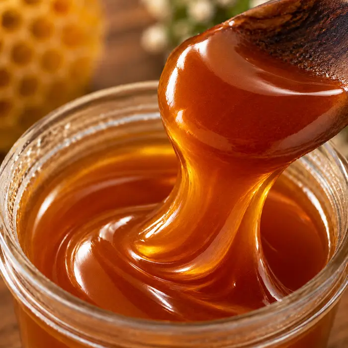 Miel Multiflor de Yucatán: líquida y densa; tarda en cristalizar, servida con cuchara de madera